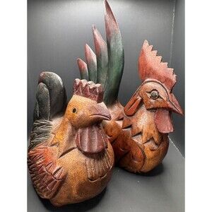Hand Carved Wooden Rooster And Chicken Rustic Farmhouse Home Decor (Bx X)